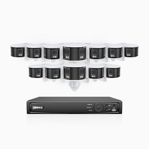 FDH600 - Kit de surveillance PoE 6MP à 16 canaux avec 12 caméras, double objectif, ultra grand angle 180°, super ouverture f/1.2, micro intégré, sirène et alarme actives, Détection Intelligente de Mouvement