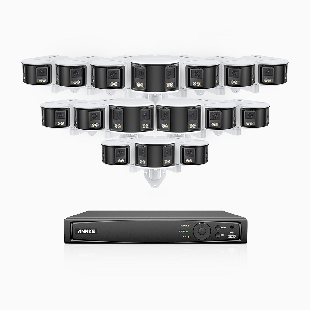 FDH600 - Kit de surveillance PoE 6MP à 16 canaux avec 16 caméras, double objectif, ultra grand angle 180°, super ouverture f/1.2, micro intégré, sirène et alarme actives, Détection Intelligente de Mouvement