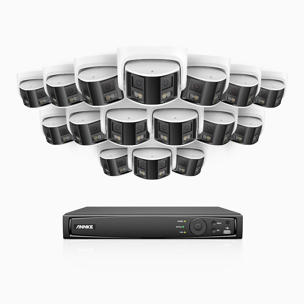 FDH600 - Kit de surveillance PoE 6MP à 16 canaux avec 16 caméras, double objectif, ultra grand angle 180°, super ouverture f/1.2, micro intégré, sirène et alarme actives, Détection Intelligente de Mouvement