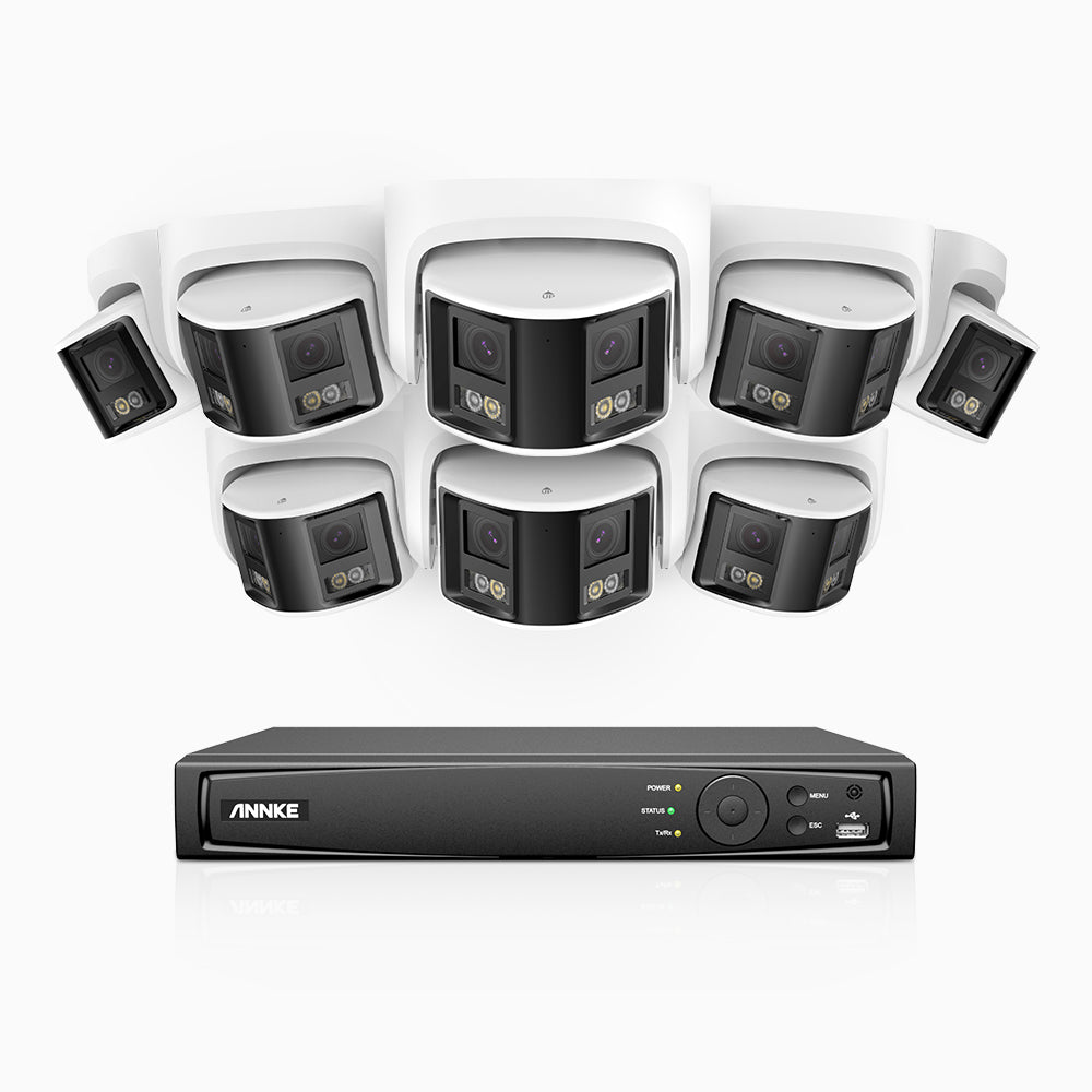 FDH600 - Kit de surveillance PoE 6MP à 16 canaux avec 8 caméras, double objectif, ultra grand angle 180°, super ouverture f/1.2, micro intégré, sirène et alarme actives, Détection Intelligente de Mouvement