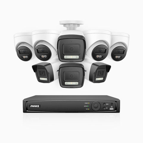 AH500 - Kit de surveillance PoE 3K à 16 canaux avec 4 caméras bullet et 4 caméras tourelle, vision nocturne en couleur et infrarouge, résolution 3072*1728, ouverture f/1.6 (0.005 Lux), détection humaine et véhicule, microphone intégré, IP67
