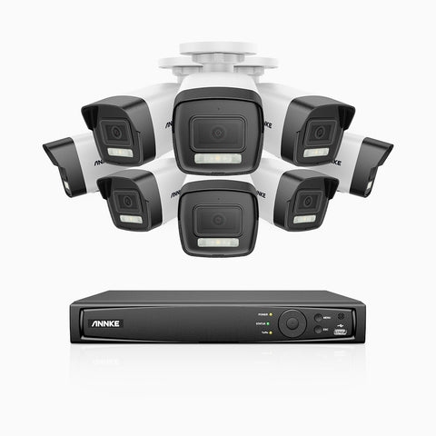 AH500 - Kit de surveillance PoE 3K à 16 canaux avec 8 caméras, vision nocturne en couleur et infrarouge, résolution 3072*1728, ouverture f/1.6 (0.005 Lux), détection humaine et véhicule, microphone intégré, IP67