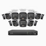 H500 - Kit de surveillance PoE 5MP à 16 canaux avec 12 caméras, Vision nocturne intelligente à double éclairage, 3072 × 1728 à 20 ips, détection intelligente des personnes et des véhicules, microphone intégré, IP67