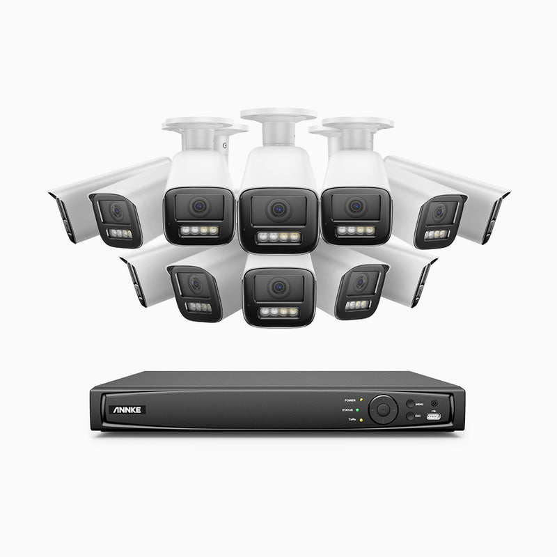 AZH800 - Kit de surveillance 4K à 16 canaux avec 12 PoE caméras, Zoom optique 4X, vision nocturne à deux lumières, détection de mouvement 2.0, Microphone intégré, sirène et alarme stroboscopique