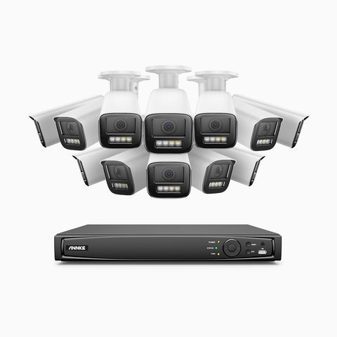 AZH800 - Kit de surveillance 4K à 16 canaux avec 12 PoE caméras, Zoom optique 4X, vision nocturne à deux lumières, détection de mouvement 2.0, Microphone intégré, sirène et alarme stroboscopique