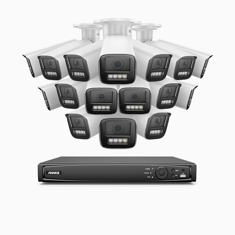 AZH800 - Kit de surveillance 4K à 16 canaux avec 16 PoE caméras, Zoom optique 4X, vision nocturne à deux lumières, détection de mouvement 2.0, Microphone intégré, sirène et alarme stroboscopique