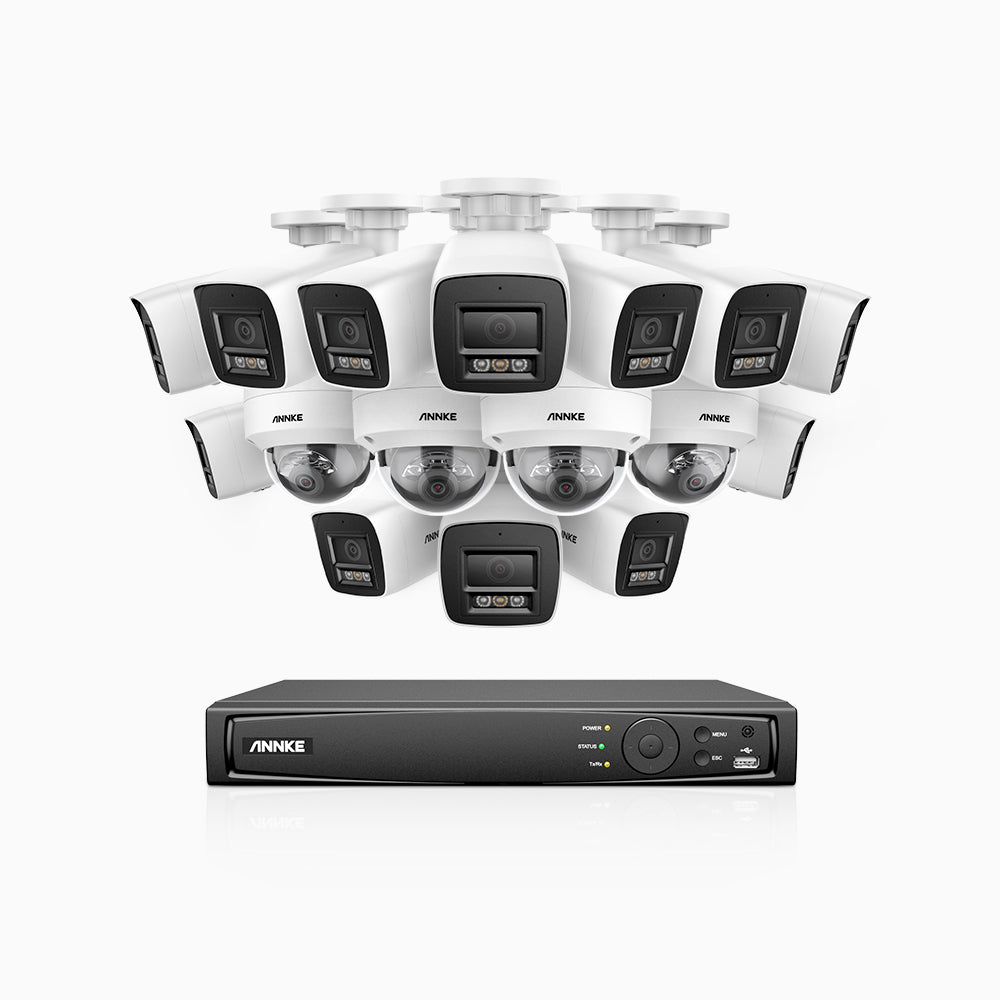 H800 - Kit de surveillance PoE 4K à 16 canaux avec 12 caméras bullet et 4 caméras dôme, anti-vandalisme IK10, vision nocturne en couleur et infrarouge, Détection Personne-Véhicule, Microphone intégré, Champ de vision de 96°, RTSP et ONVIF pris en charge