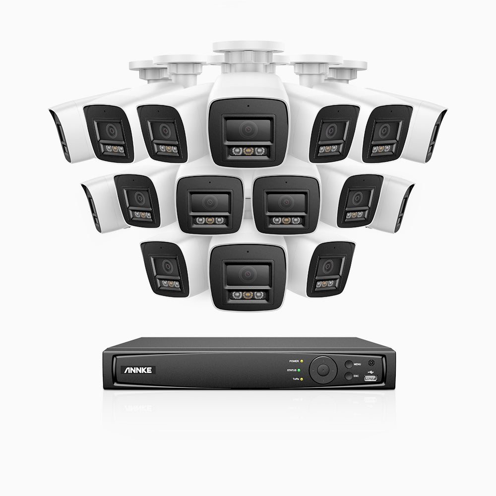 H1200 -  Kit de surveillance PoE 4K 12MP à 16 canaux avec 16 caméras, vision nocturne couleur et IR, détection humaine et véhiculaire, H.265+, microphone intégré, stockage local maximal de 512 Go, IP67