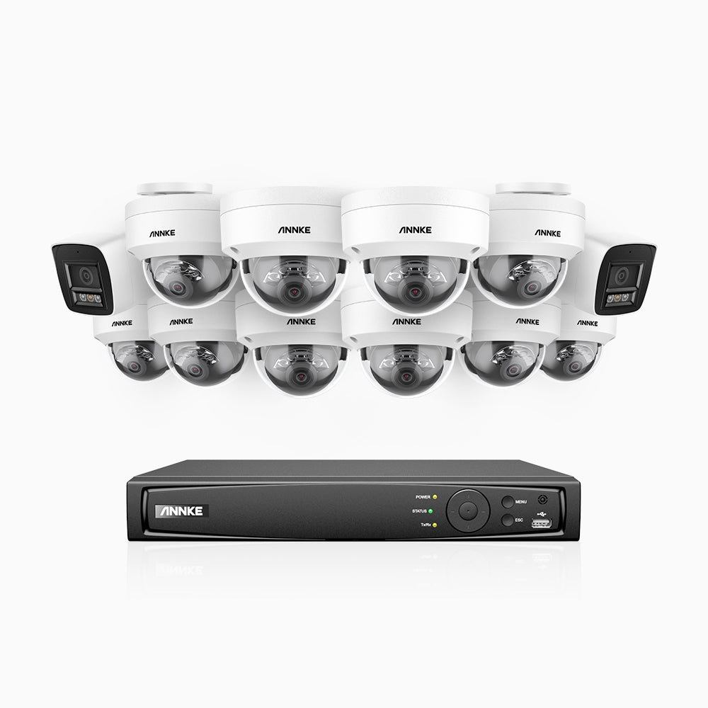 H800 - Kit de surveillance PoE 4K à 16 canaux avec 2 caméras bullet et 10 caméras dôme, anti-vandalisme IK10, vision nocturne en couleur et infrarouge, Détection Personne-Véhicule, Microphone intégré, Champ de vision de 96°, RTSP et ONVIF pris en charge