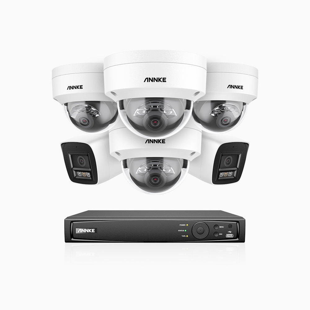 H800 - Kit de surveillance PoE 4K à 16 canaux avec 2 caméras bullet et 4 caméras dôme, anti-vandalisme IK10, vision nocturne en couleur et infrarouge, Détection Personne-Véhicule, Microphone intégré, Champ de vision de 96°, RTSP et ONVIF pris en charge