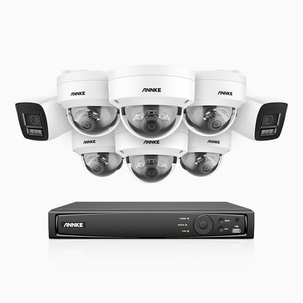 H800 - Kit de surveillance PoE 4K à 16 canaux avec 2 caméras bullet et 6 caméras dôme, anti-vandalisme IK10, vision nocturne en couleur et infrarouge, Détection Personne-Véhicule, Microphone intégré, Champ de vision de 96°, RTSP et ONVIF pris en charge