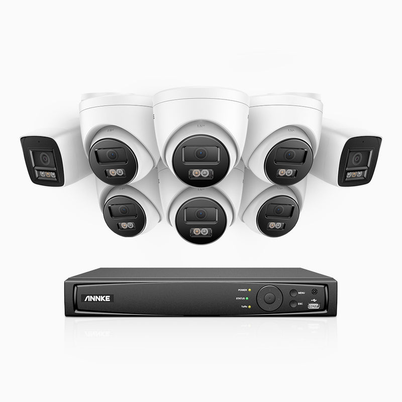 H800 - Kit de surveillance PoE 4K à 16 canaux avec 2 caméras bullet et 6 caméras tourelle, vision nocturne en couleur et infrarouge, Détection Personne-Véhicule, Microphone intégré, Champ de vision de 96°, RTSP et ONVIF pris en charge