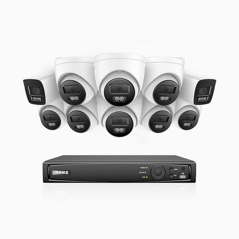 H800 - Kit de surveillance PoE 4K à 16 canaux avec 2 caméras bullet et 8 caméras tourelle, vision nocturne en couleur et infrarouge, Détection Personne-Véhicule, Microphone intégré, Champ de vision de 96°, RTSP et ONVIF pris en charge