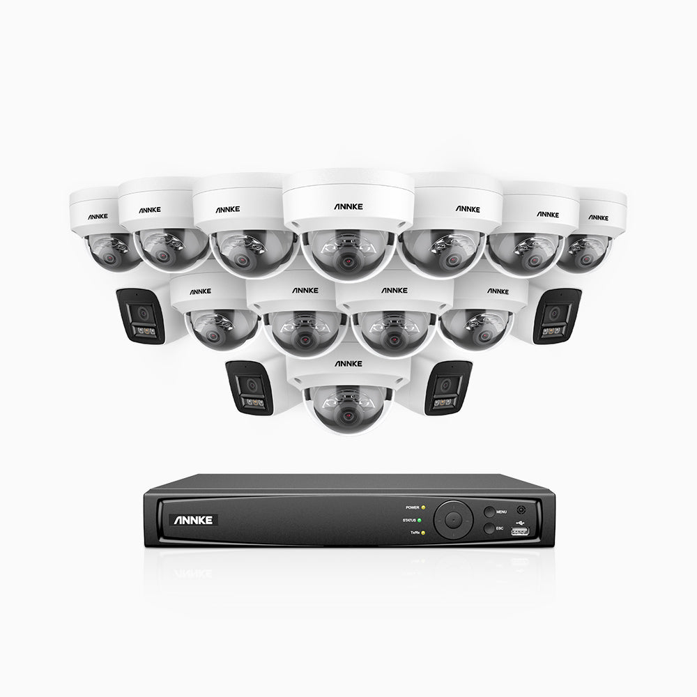 H800 - Kit de surveillance PoE 4K à 16 canaux avec 4 caméras bullet et 12 caméras dôme, anti-vandalisme IK10, vision nocturne en couleur et infrarouge, Détection Personne-Véhicule, Microphone intégré, Champ de vision de 96°, RTSP et ONVIF pris en charge