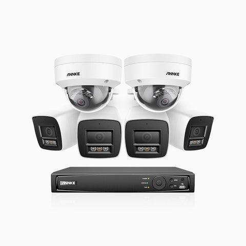 H800 - Kit de surveillance PoE 4K à 16 canaux avec 4 caméras bullet et 2 caméras dôme, anti-vandalisme IK10, vision nocturne en couleur et infrarouge, Détection Personne-Véhicule, Microphone intégré, Champ de vision de 96°, RTSP et ONVIF pris en charge