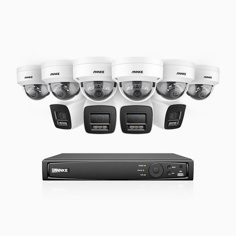 H800 - Kit de surveillance PoE 4K à 16 canaux avec 4 caméras bullet et 6 caméras dôme, anti-vandalisme IK10, vision nocturne en couleur et infrarouge, Détection Personne-Véhicule, Microphone intégré, Champ de vision de 96°, RTSP et ONVIF pris en charge