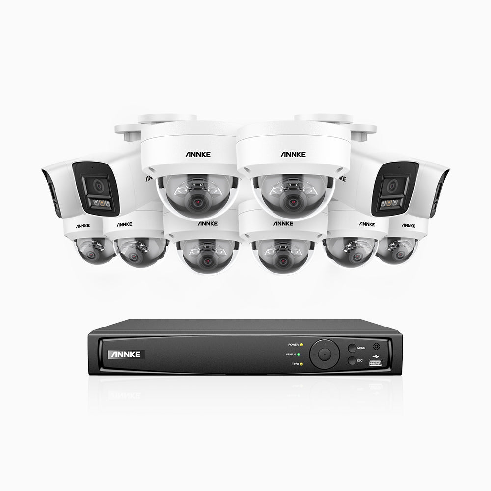 H800 - Kit de surveillance PoE 4K à 16 canaux avec 4 caméras bullet et 8 caméras dôme, anti-vandalisme IK10, vision nocturne en couleur et infrarouge, Détection Personne-Véhicule, Microphone intégré, Champ de vision de 96°, RTSP et ONVIF pris en charge