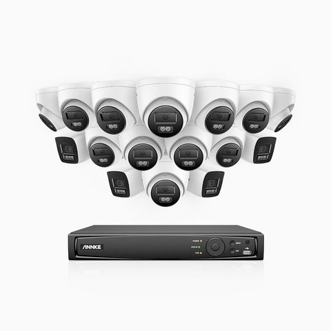 H800 - Kit de surveillance PoE 4K à 16 canaux avec 4 caméras bullet et 12 caméras tourelle, vision nocturne en couleur et infrarouge, Détection de personnes et de véhicules, Microphone intégré, Champ de vision de 96°, RTSP et ONVIF pris en charge