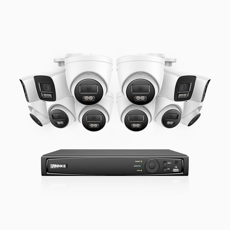 H800 - Kit de surveillance PoE 4K à 16 canaux avec 4 caméras bullet et 8 caméras tourelle, vision nocturne en couleur et infrarouge, Détection Personne-Véhicule, Microphone intégré, Champ de vision de 96°, RTSP et ONVIF pris en charge