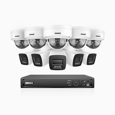 H800 - Kit de surveillance PoE 4K à 16 canaux avec 5 caméras bullet et 5 caméras dôme, anti-vandalisme IK10, vision nocturne en couleur et infrarouge, Détection Personne-Véhicule, Microphone intégré, Champ de vision de 96°, RTSP et ONVIF pris en charge