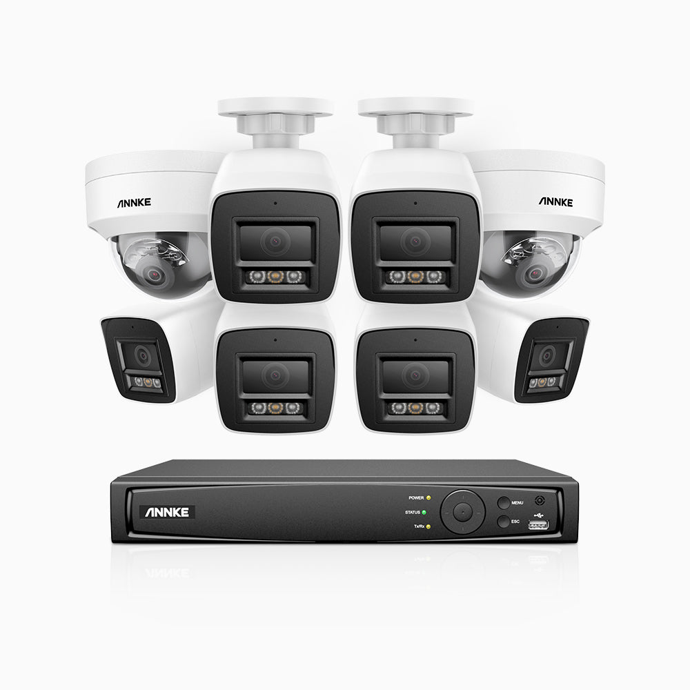 H800 - Kit de surveillance PoE 4K à 16 canaux avec 6 caméras bullet et 2 caméras dôme, anti-vandalisme IK10, vision nocturne en couleur et infrarouge, Détection Personne-Véhicule, Microphone intégré, Champ de vision de 96°, RTSP et ONVIF pris en charge