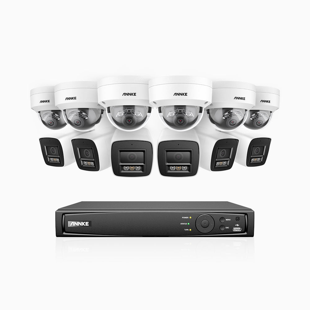 H800 - Kit de surveillance PoE 4K à 16 canaux avec 6 caméras bullet et 6 caméras dôme, Anti-vandale (IK10), vision nocturne en couleur et infrarouge, Détection Personne-Véhicule, Microphone intégré, Champ de vision de 96°, RTSP et ONVIF pris en charge