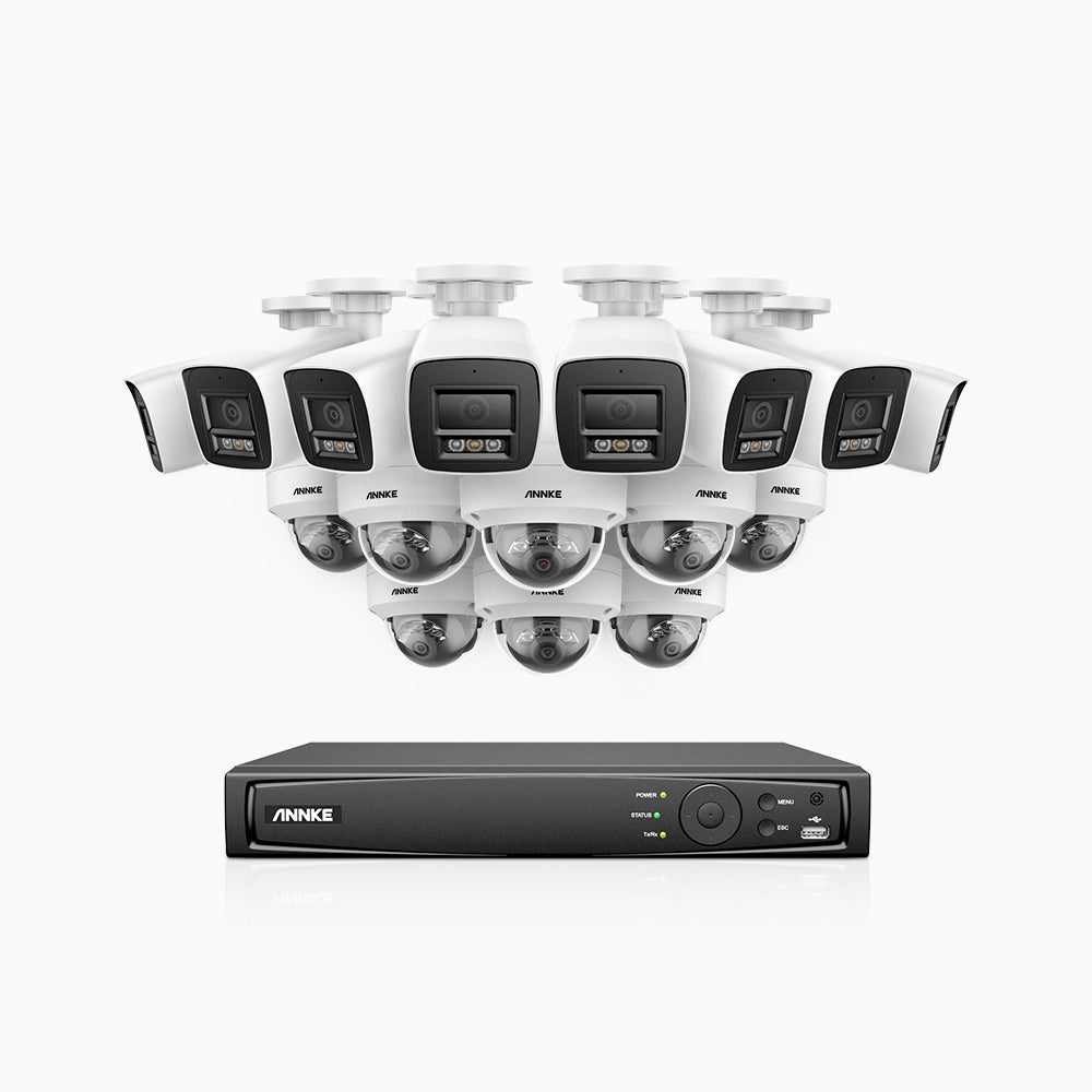 H800 - Kit de surveillance PoE 4K à 16 canaux avec 8 caméras bullet et 8 caméras dôme, Anti-vandale (IK10), vision nocturne en couleur et infrarouge, Détection Personne-Véhicule, Microphone intégré, Champ de vision de 96°, RTSP et ONVIF pris en charge