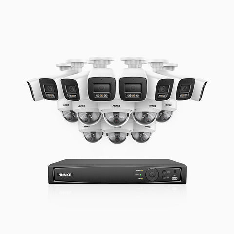 H800 - Kit de surveillance PoE 4K à 16 canaux avec 8 caméras bullet et 8 caméras dôme, Anti-vandale (IK10), vision nocturne en couleur et infrarouge, Détection Personne-Véhicule, Microphone intégré, Champ de vision de 96°, RTSP et ONVIF pris en charge