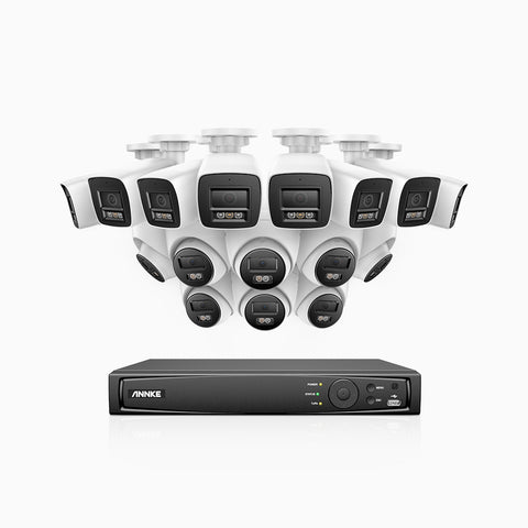 H800 - Kit de surveillance PoE 4K à 16 canaux avec 8 caméras bullet et 8 caméras tourelle, vision nocturne en couleur et infrarouge, Détection Personne-Véhicule, Microphone intégré, Champ de vision de 96°, RTSP et ONVIF pris en charge