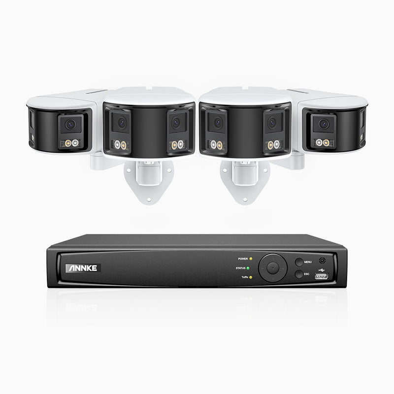 FDH600 - Kit de surveillance PoE 6MP à 8 canaux avec 4 caméras, double objectif, ultra grand angle 180°, super ouverture f/1.2, micro intégré, sirène et alarme actives, Détection Intelligente de Mouvement