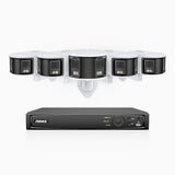 FDH600 - Kit de surveillance PoE 6MP à 8 canaux avec 5 caméras, double objectif, ultra grand angle 180°, super ouverture f/1.2, micro intégré, sirène et alarme actives, Détection Intelligente de Mouvement