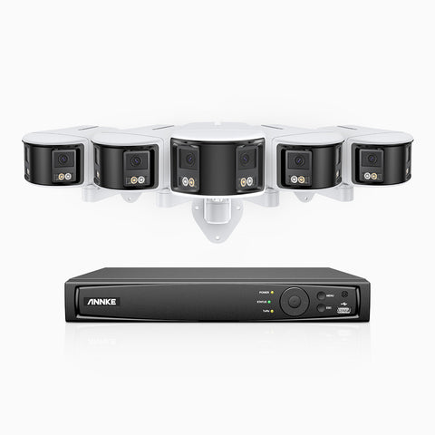 FDH600 - Kit de surveillance PoE 6MP à 8 canaux avec 5 caméras, double objectif, ultra grand angle 180°, super ouverture f/1.2, micro intégré, sirène et alarme actives, Détection Intelligente de Mouvement