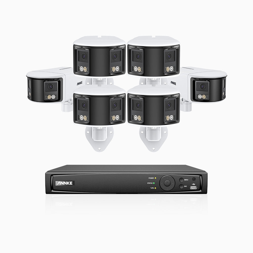 FDH600 - Kit de surveillance PoE 6MP à 8 canaux avec 6 caméras, double objectif, ultra grand angle 180°, super ouverture f/1.2, micro intégré, sirène et alarme actives, Détection Intelligente de Mouvement