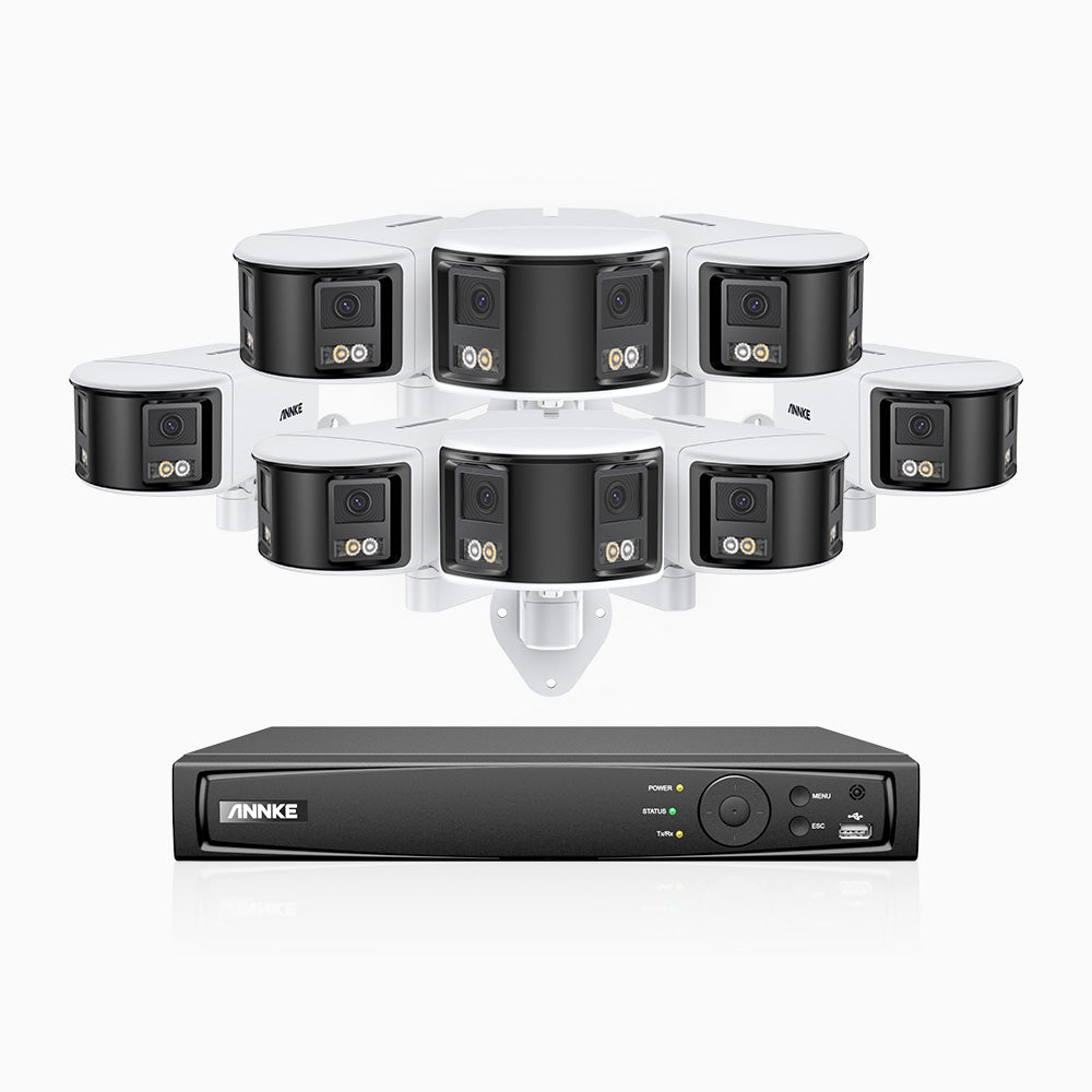 FDH600 - Kit de surveillance PoE 6MP à 8 canaux avec 8 caméras, double objectif, ultra grand angle 180°, super ouverture f/1.2, micro intégré, sirène et alarme actives, Détection Intelligente de Mouvement