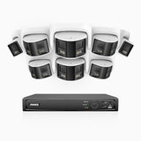 FDH600 - Kit de surveillance PoE 6MP à 8 canaux avec 8 caméras, double objectif, ultra grand angle 180°, super ouverture f/1.2, micro intégré, sirène et alarme actives, Détection Intelligente de Mouvement