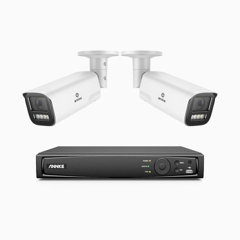 AZH800 - Kit de surveillance 4K à 8 canaux avec 2 PoE caméras, Zoom optique 4X, vision nocturne à deux lumières, détection de mouvement 2.0, Microphone intégré, sirène et alarme stroboscopique