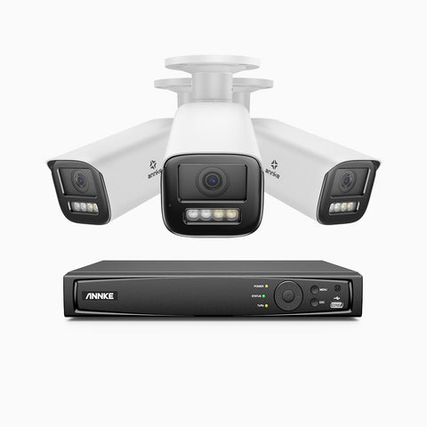 AZH800 - Kit de surveillance 4K à 8 canaux avec 3 PoE caméras, Zoom optique 4X, vision nocturne à deux lumières, détection de mouvement 2.0, Microphone intégré, sirène et alarme stroboscopique