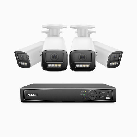 AZH800 - Kit de surveillance 4K à 8 canaux avec 4 PoE caméras, Zoom optique 4X, vision nocturne à deux lumières, détection de mouvement 2.0, Microphone intégré, sirène et alarme stroboscopique