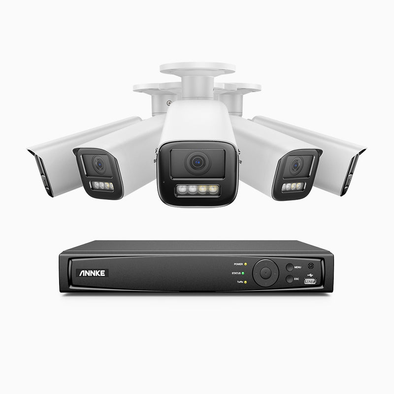 AZH800 - Kit de surveillance 4K à 8 canaux avec 5 PoE caméras, Zoom optique 4X, vision nocturne à deux lumières, détection de mouvement 2.0, Microphone intégré, sirène et alarme stroboscopique