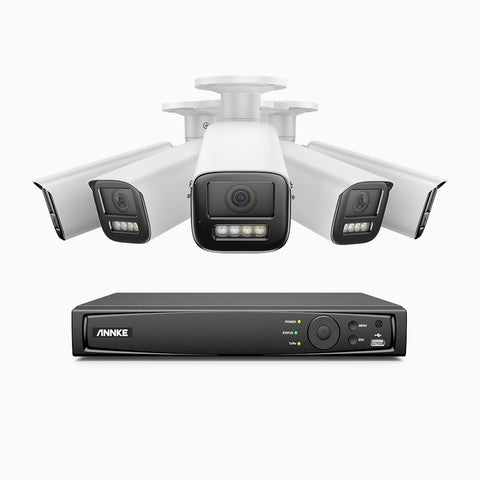 AZH800 - Kit de surveillance 4K à 8 canaux avec 5 PoE caméras, Zoom optique 4X, vision nocturne à deux lumières, détection de mouvement 2.0, Microphone intégré, sirène et alarme stroboscopique