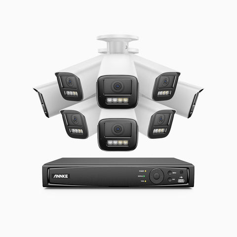 AZH800 - Kit de surveillance 4K à 8 canaux avec 8 PoE caméras, Zoom optique 4X, vision nocturne à deux lumières, détection de mouvement 2.0, Microphone intégré, sirène et alarme stroboscopique