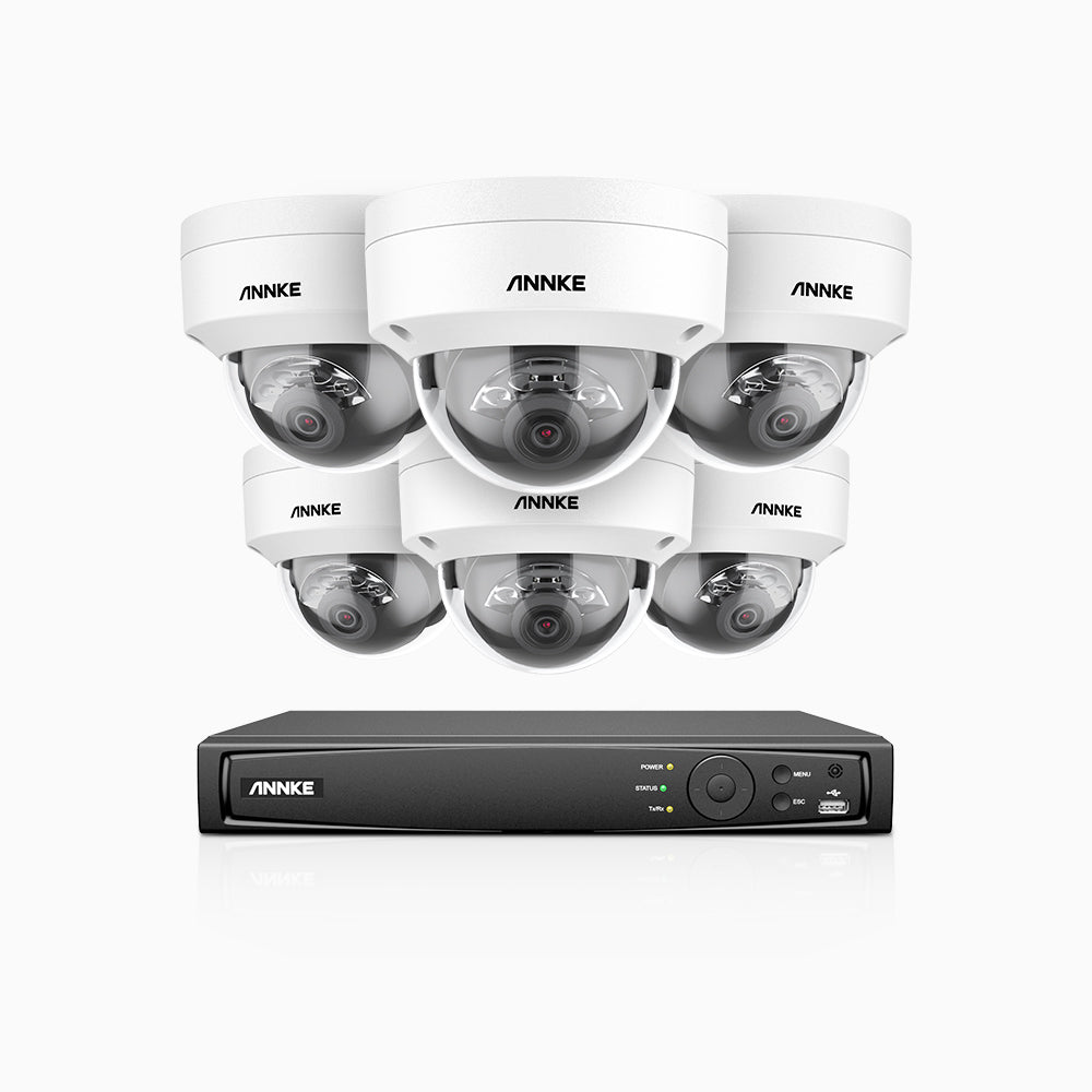 H1200 -  Kit de surveillance PoE 4K 12MP à 8 canaux avec 6 caméras, vision nocturne couleur et IR, détection humaine et véhiculaire, H.265+, microphone intégré, stockage local maximal de 512 Go, IP67