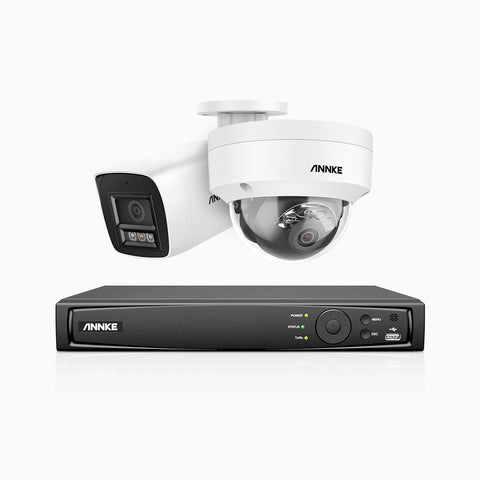 H800 - Kit de surveillance PoE 4K à 8 canaux avec 1 caméra bullet et 1 caméra dôme, anti-vandalisme IK10, vision nocturne en couleur et infrarouge, Détection Personne-Véhicule,Microphone intégré, Champ de vision de 96°, RTSP et ONVIF pris en charge