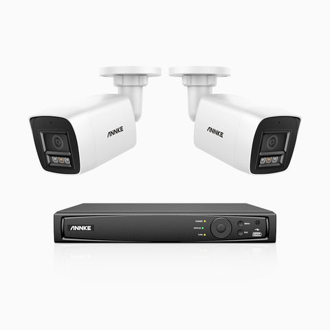 H1200 -  Kit de surveillance PoE 4K 12MP à 8 canaux avec 2 caméras, vision nocturne couleur et IR, détection humaine et véhiculaire, H.265+, microphone intégré, stockage local maximal de 512 Go, IP67