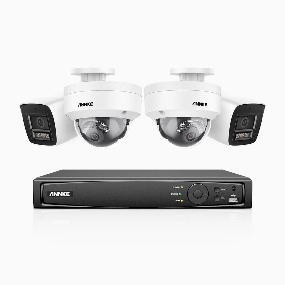 H800 - Kit de surveillance PoE 4K à 8 canaux avec 2 caméras bullet et 2 caméras dôme, anti-vandalisme IK10, vision nocturne en couleur et infrarouge, Détection Personne-Véhicule,Microphone intégré, Champ de vision de 96°, RTSP et ONVIF pris en charge