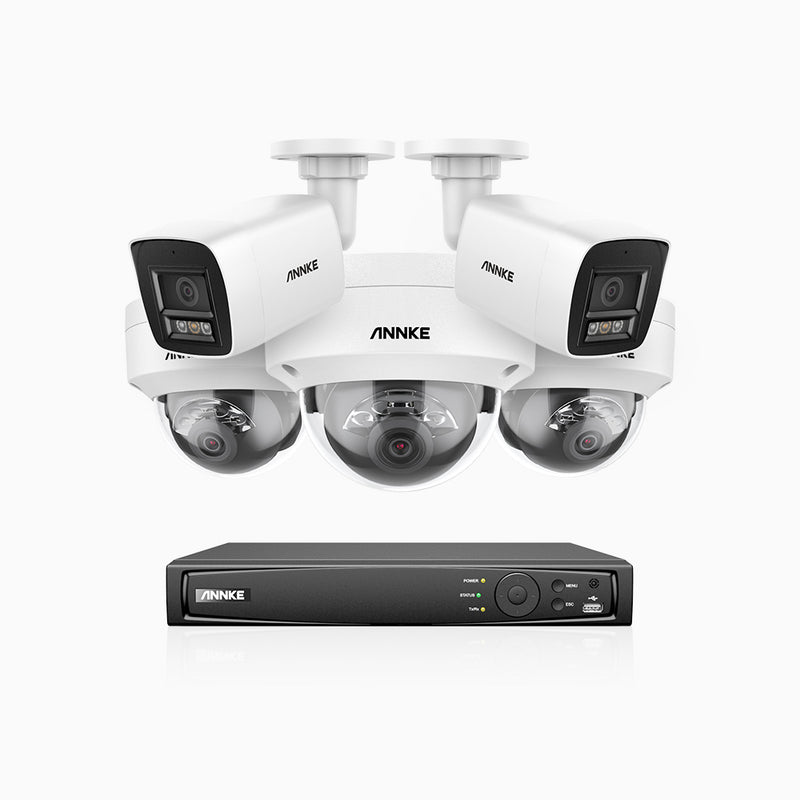 H800 - Kit de surveillance PoE 4K à 8 canaux avec 2 caméras bullet et 3 caméras dôme, anti-vandalisme IK10, vision nocturne en couleur et infrarouge, Détection Personne-Véhicule, Microphone intégré, Champ de vision de 96°, RTSP et ONVIF pris en charge