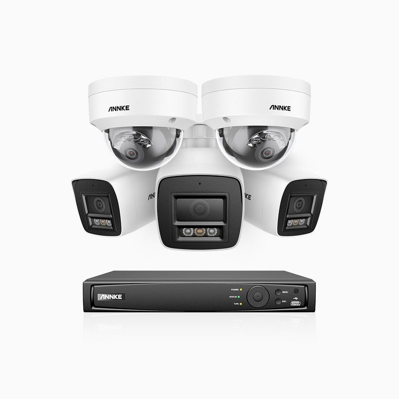 H800 - Kit de surveillance PoE 4K à 8 canaux avec 3 caméras bullet et 2 caméras dôme, anti-vandalisme IK10, vision nocturne en couleur et infrarouge, Détection Personne-Véhicule, Microphone intégré, Champ de vision de 96°, RTSP et ONVIF pris en charge