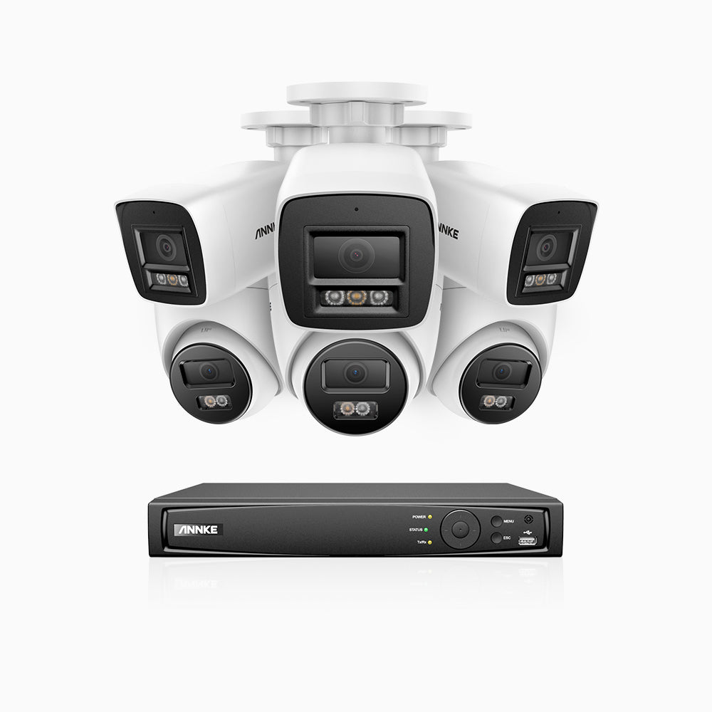 H1200 -  Kit de surveillance PoE 4K 12MP à 8 canaux avec 3 caméras bullet et 3 caméra tourelle, vision nocturne couleur et IR, détection humaine et véhiculaire, H.265+, microphone intégré, stockage local maximal de 512 Go, IP67