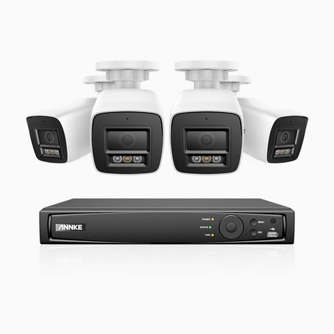 H1200 -  Kit de surveillance PoE 4K 12MP à 8 canaux avec 4 caméras, vision nocturne couleur et IR, détection humaine et véhiculaire, H.265+, microphone intégré, stockage local maximal de 512 Go, IP67