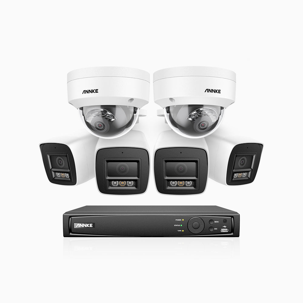 H800 - Kit de surveillance PoE 4K à 8 canaux avec 4 caméras bullet et 2 caméras dôme, anti-vandalisme IK10, vision nocturne en couleur et infrarouge, Détection Personne-Véhicule, Microphone intégré, Champ de vision de 96°, RTSP et ONVIF pris en charge